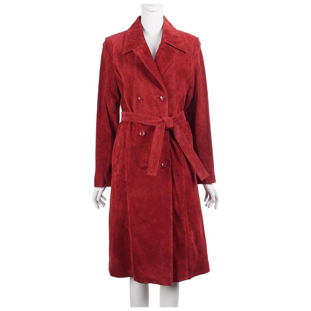 R2R Vintage Women Jacket 6 Red Suede Double Breasted Tie Belt Trench Coat Lined